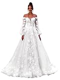 Zeeyecie White Women's Tulle Wedding Dresses for Bride 2026 Long Sleeve Sweetheart Neck 3D Flower Lace Applique Bridal Gowns with Long Train US16W