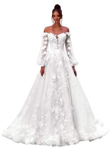 Zeeyecie White Women's Tulle Wedding Dresses for Bride 2026 Long Sleeve Sweetheart Neck 3D Flower Lace Applique Bridal Gowns with Long Train US16W