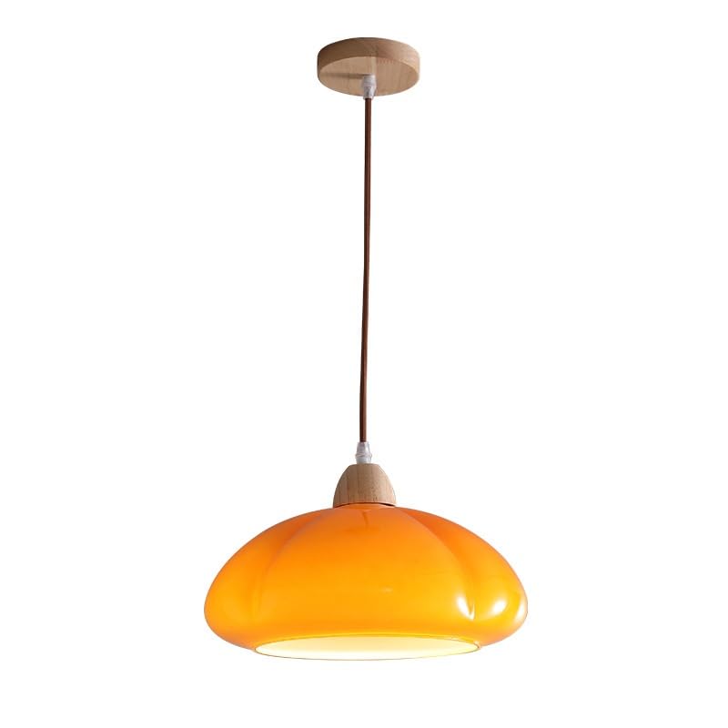Mid Century Wood Pendant Light Fixtures, Modern Orange Glass Shade