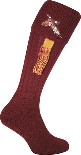 JACK PYKE Pheasant Embroidered Wool Mix Shooting Socks with Garters Burgundy 8 to 11 UK