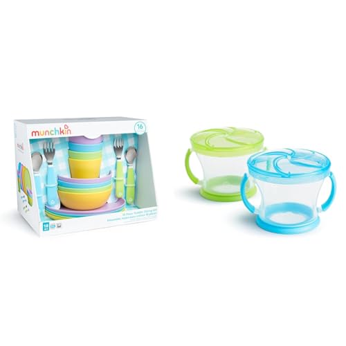 Image of Munchkin® 16pc Baby and Toddler Feeding Supplies Set - Includes Plates, Bowls, Cups and Utensils & Snack Catcher® Toddler Snack Cups, 2 Pack, Blue/Green