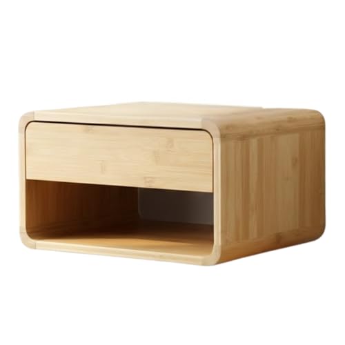 BUDDLEY Nachttisch Schwebend FSC Bambus - Wandmontage - Mit Schublade & Kabelöffnung - 33 x 28 x 19 cm - Schwebendes Nachttischchen -Goldbraun