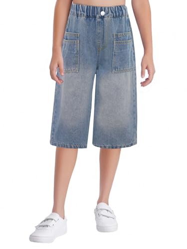 Hularka Kids Girls High Waist Baggy Jeans Wide Leg Denim Cropped Pants Loose Fit Denim Capri Trousers with Pocket