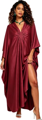 Image of RanRui Caftans for Women Solid Color Chiffon Plus Size Kaftan Dresses Beach Cover Up V Neck Batwing Sleeve Caftans Loungewear