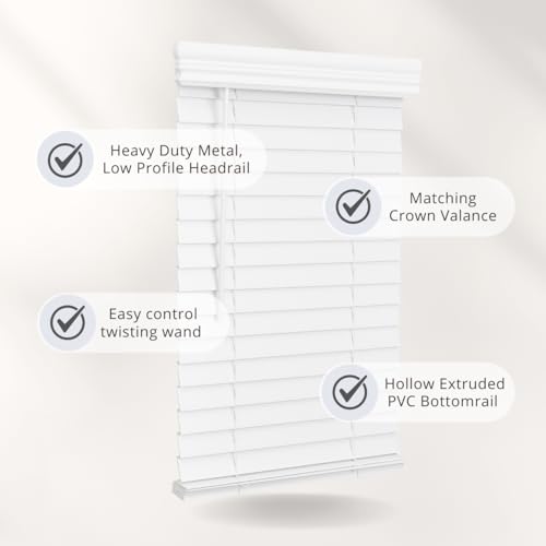 Lotus & Windoware Cordless, 2 Inch Faux Wood Blind, 35\" Wide x 60\" Long, Window Blinds, Blinds & Shades, Blinds for Indoor Windows, Embossed, Bright White, (Actual Size - 34.5\" x 60\")