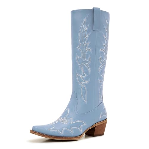 Image of Uillnoodu Women's Turquoise Cowgirl Boots - Wide Calf Mid Calf Western Boots Plus Size Embroidered Cowboy Style with Block Heel