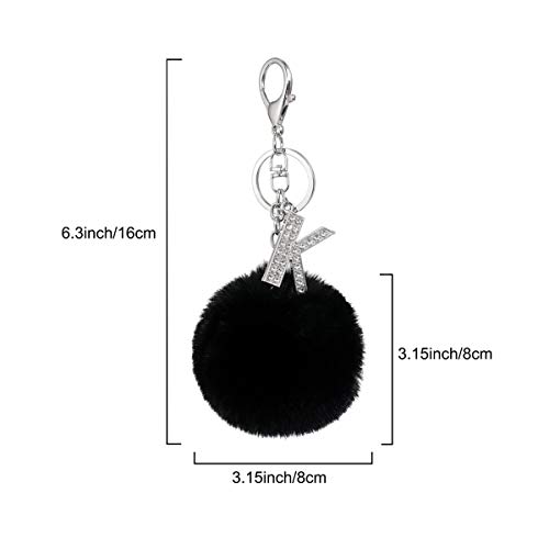 Czsycdsf Crystal Initial Letter A-Z Puff Fur Ball Keychain, Black Pom Pom Keyrings Soft Faux Rabbit Fur Balls Key Chain Fluffy Keyrings Car Keyring Pendant Artificial Fur Ball Key Ring Accessory, K #TOP1