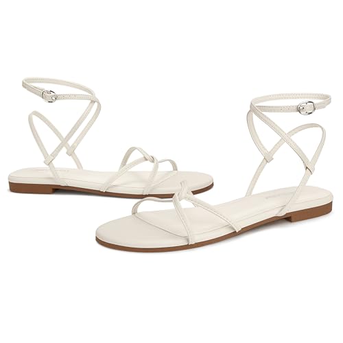 Image of Women's Flat Sandals Strappy Open Round Toe Lace Up Shoes with Adjustable Ankle Strap for Summer