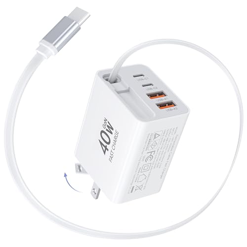2026 Updated 40W Retractable Charger 4Port Travel Essentials Multiport 5-in-1 PD Wall Charger Block Plug+2.6ft Type C Cables Fast Phone Charging Foldable Brick for iPhone 17/16/15 Pro Max Galaxy