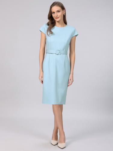 Image of Hobemty Women's Knee Length Pencil Dress Cap Sleeve Belted Wear to Work Sheath Dresses