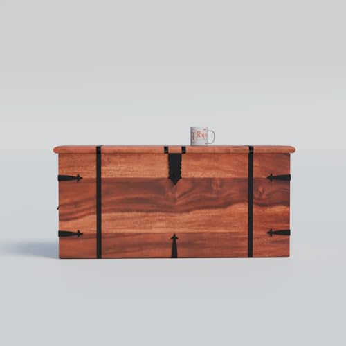 Image of Solid Sheesham Wood Trunk Box for Storage Wooden Center Coffee Table for Living Room Dcor | Multipurpose Wooden Center Table with Storage Box Cabinet with Iron Fittings | Honey Finish