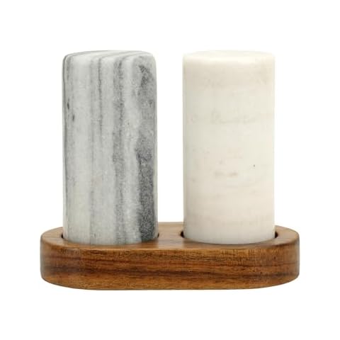 Spiretro Elegant Marble Salt and Pepper Shaker Set with Acacia Wood Holder - Real Grey and White Marble Cylindrical Shakers for Kitchen Shelf, Table or Spice Rack - 1.75” x 3.75” Each Cover