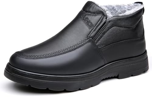 Men's Leather Warm Fur Lined Slip On Snow Boots Winter Hand Stitching Low Top Anti-Slip Outdoor Water Resistant Sneakers Boots Lightweight Casual Walking Loafers Shoes