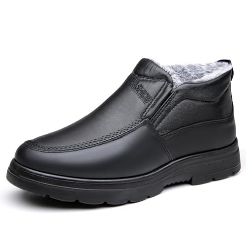 Men's Leather Warm Fur Lined Slip On Snow Boots Winter Hand Stitching Low Top Anti-Slip Outdoor Water Resistant Sneakers Boots Lightweight Casual Walking Loafers Shoes (Black,10)