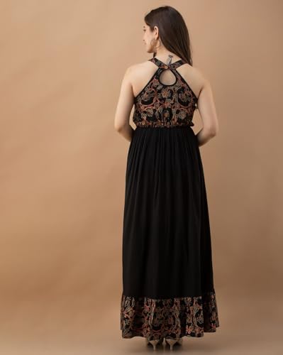Image of Daevish Rayon Floral Printed Halter Flared Maxi Dress for Women | Women Flared Dress