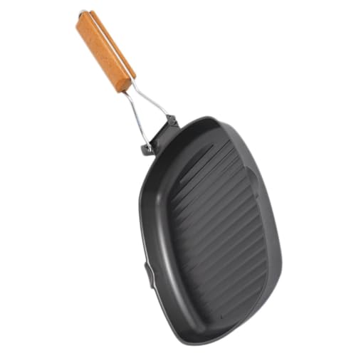CLISPEED Sartén Plegable para Barbacoa Asado al Aire Hierro Fundido con Mango Madera Antiadherente para Fogones Portátiles Ligero y Versátil