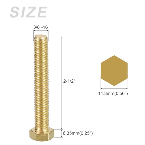 Image of METALLIXITY Hex Head Screw Bolt (3 /8-16x2-1 /2) 1Pcs, Brass Fully Threaded Solid Brass Hex Bolts Machine Screws - for Machinery Repair