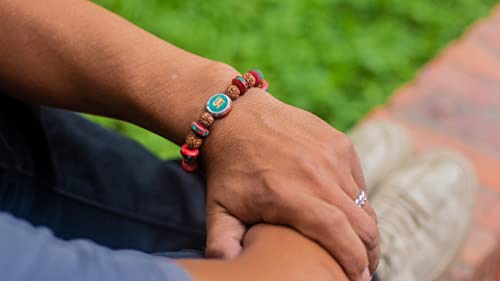 Tibetan Mala Embedded Medicine Wrist Mala for Meditation Handmade Draw String Silk Pouch (Om Charm)4