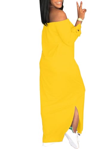Image of Women's Casual Off Shoulder Maxi Dress - African Print Summer Loose Long Sleeve Tunic T Shirt Dresses with Pockets