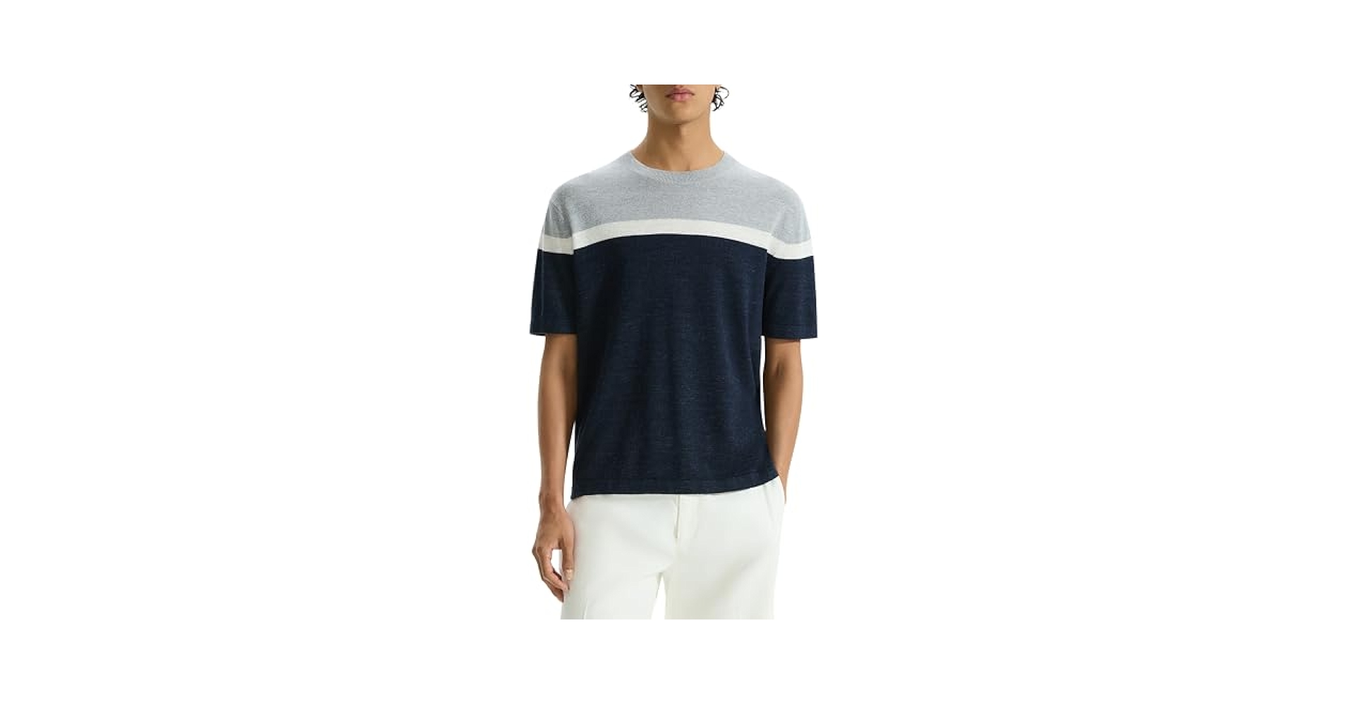 Theory Men's Striped Short Sleeve Crew in Pacific Linen