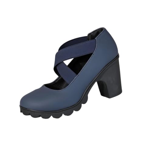 Escarpins Mary Jane bleu à bride croisée et talon épais au design géométrique soigné