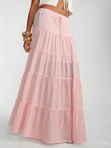 Image of Women's Boho Maxi Skirt Ruffle Flowy Low Rise A Line Beach Long Skirts | Flared Ruffle, Elastic Waist, Summer Vacation Skirts