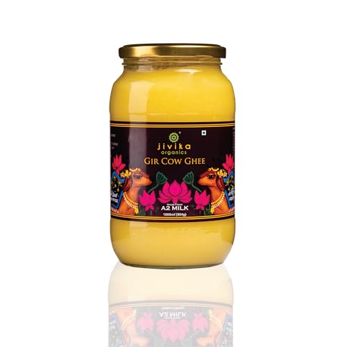 Image of Jivika Premium A2 Gir Cow Ghee 1Ltr|A2 Milk Tested|Vedic Bilona Method|Lab Tested|Pure Desi Cow Ghee|Hand Churned Two-Way Direction|Churned From Curd|Pure Ghee|Danedar|Glass Jar,1.1 Kilograms