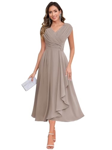 Image of SOLODISH Mother of the Bride Dresses for Wedding Tea Length Chiffon A Line Formal Wedding Guest Party Gown