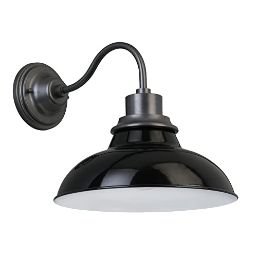 Image of Design House 588566-GBG Hamilton Industrial Farmhouse 1-Light Indoor /Outdoor Wall Mount 12-Inch Light with Metal Shade for Porch Entryway Kitchen, Gloss Black and Galvanized