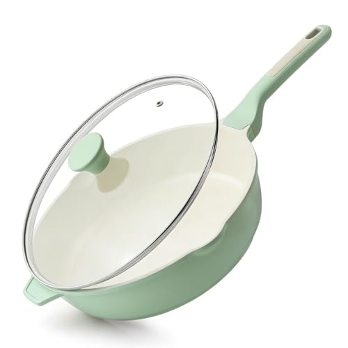 SENSARTE Nonstick Ceramic Skillet with Lid 12-inch/5QT, Non Toxic Deep Frying Pan, Saute Pan with Lid, Stay-cool Handle, Healthy Cooking Pot Dishwasher Safe, Induction Compatible, Green