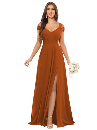 Image of petyoo Off Shoulder Chiffon Bridesmaid Dresses with Slit Long Formal Evening Dress
