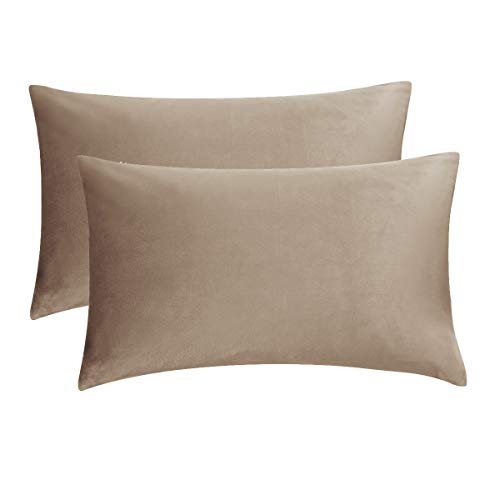 Image of GIGIZAZA Khaki Taupe Velvet Decorative Throw Pillow Covers for Sofa Bed 2 Pack Soft Cushion Cover (Khaki, 12 x 20- Set of 2)
