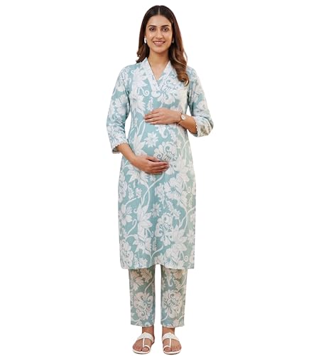 Image of DUMMY SHAPE Maternity Dresses for Women Cotton | Floral Kurta Pant Dupatta Set with Nursing Zippers, Side Pocket | Pre & Post Pregnancy | Feeding Kurti Suit | Baby Shower | Gifts for Pregnant Woman