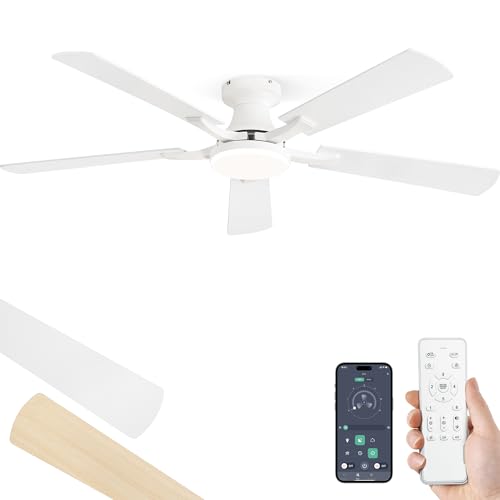 Image of ZMISHIBO 52 Inch Ceiling Fan with Light, App&Remote Control, Flush Mount Low Profile, Dimmable 20W LED Light, Quiet Reversible Motor for Bedroom, Living Room, Apartment, White