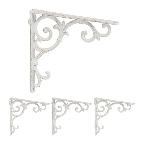 Relaxdays Regalwinkel, 4er Set, Gusseisen, antike Regalträger, Winkel Regalbretter, HxBxT: 24,5 x 4 x 24,5 cm, weiß