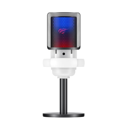 ميكروفون من هاڤيت موديل GK50 باللون الأسود مع اتصال USB، مزود بإضاءة RGB وتقليل الضوضاء وكتم الصوت وتحكم باللمس وصوت عالي الدقة، متوافق مع الحاسوب الشخصي