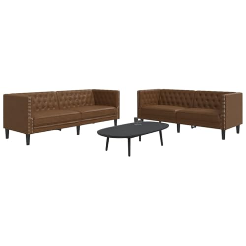 Yunovire Chesterfield - Juego de 2 sofás de piel sintética marrón con aspecto de ante, estructura de madera maciza resistente, acolchado cómodo para salón, resistente a las manchas, duradero