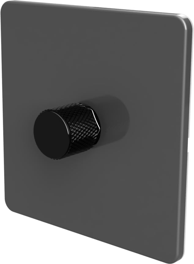 LED Dimmer Switch [Metal Knob/Plastic faceplate] 2-way Rotary Push On/Off for Dimmable LED and Halogen Lights, minimum brightness adjustable - Grey/Black 1-Gang — image 1
