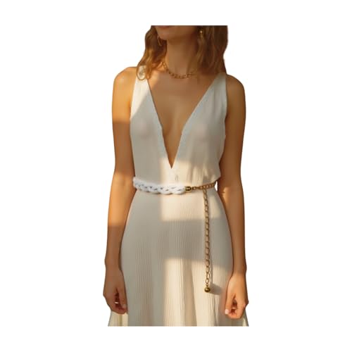 Women Fashion Gold Metal Chain Belt Hip Waist White Braided Mesh Bling Beads S M