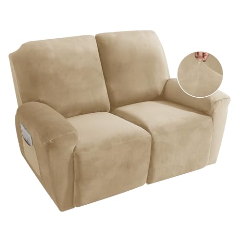 MAXIJIN Recliner Loveseat Slipcover, 6 Pieces Stretch Velvet Reclining Sofa Cover, 2 Seater Love Seat Recliner Couch Cover, Thick, Soft, Washable Furniture Cover (Loveseat Recliner, Camel)