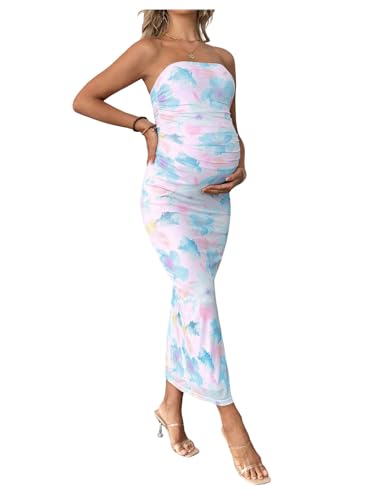 Floerns Womens Pregnancy Dress Floral Strapless Ruched Bodycon Slit Long Maternity Dresses Blue and Pink Small