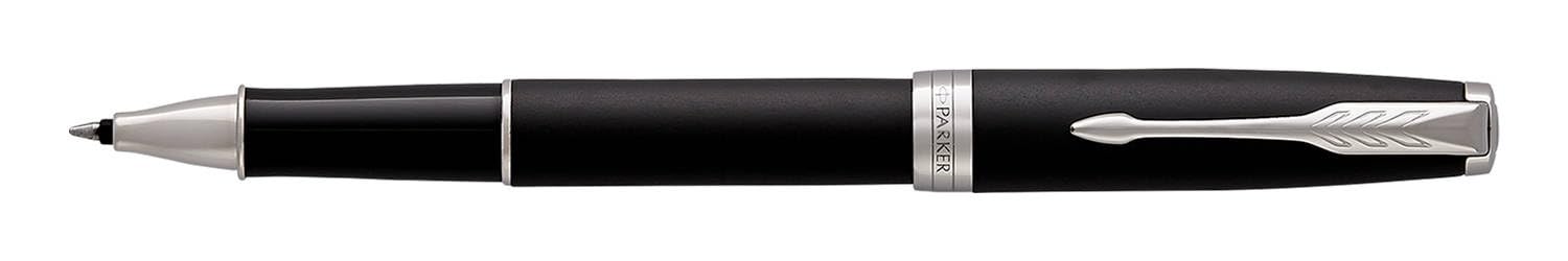 Parker Sonnet Tintenroller, mattschwarzer Lack mit Palladium-Rand, feine Spitze, schwarze Tinte, Geschenkbox und schwarzes Etui mit geprägtem Logo
