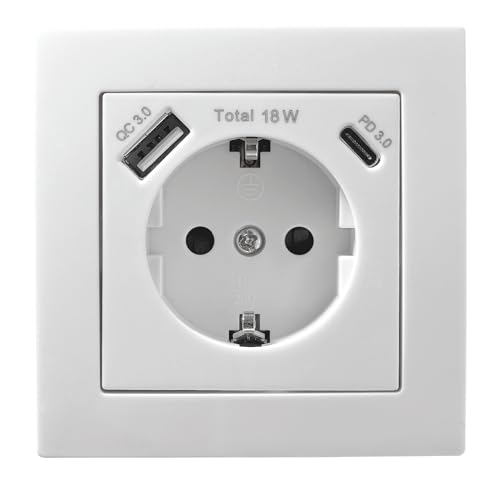 McPower Schutzkontakt Steckdose, 1x USB-C 18W Quickcharge 1x USB-A inklusive Rahmen | FLAIR | 250V~/16A, UP, Unterputzsteckdose mit Einsteckschutz weiß matt