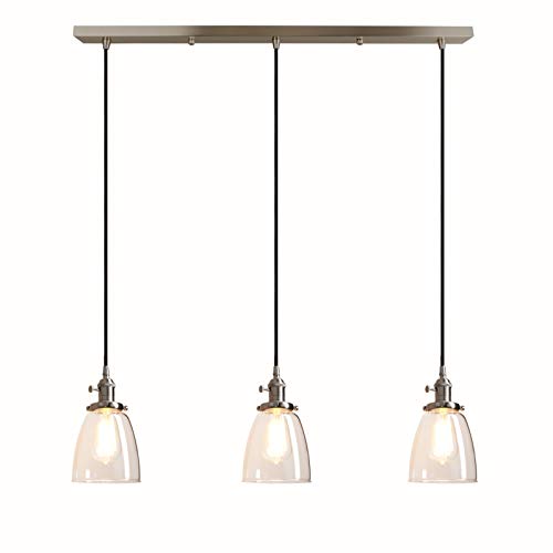 Pathson Lampes suspendues industrielles à 3 lumières pour îlot de cuisine avec abat-jour en verre transparent ovale lustre plafonnier (Acier brossé) Cover