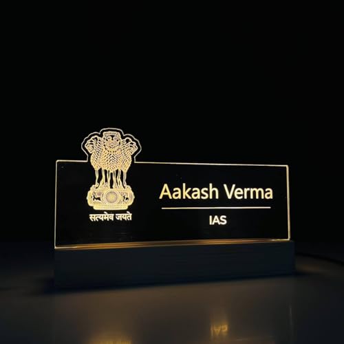 Image of WOWOOD Personalized LED Desk Name Plate for IAS Officer Custom Acrylic Name Sign with Satyamev Jayate Emblem Office Table Decor Light, Civil Services Gift for Men Women (10 x 6 inch) (For IAS Officer)