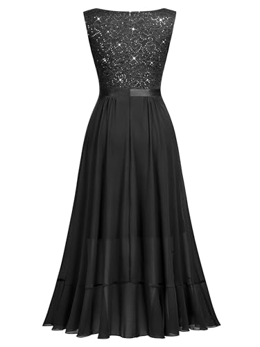 Miusol Women's Vintage V-Neck Sleeveless Sequined Floral Lace Ruffle Split Evening Party Dress4