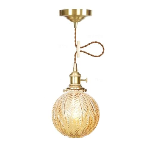 Mini plafonnier LED E27 lustre boule de verre ambre et laiton
