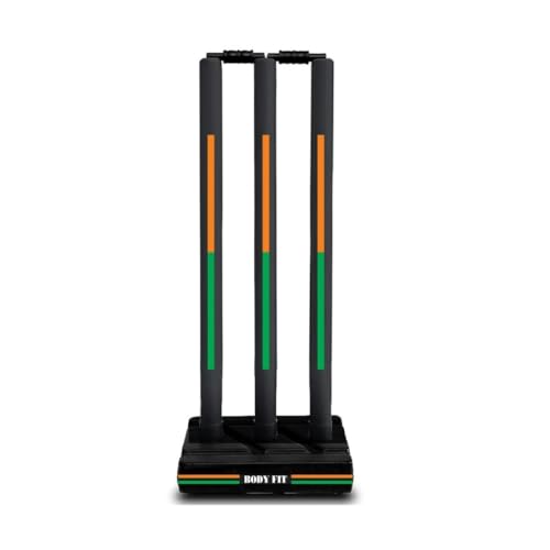 Image of Bodyfit Heavy Cricket Stumps | Plastic Wickets Set with 3 Stumps + 2 Bails + 1 Stand | Full Size Wickets for Cricket Ground, Tournament Wicket. (Black-OraGreen)