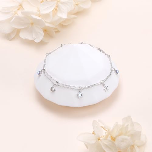 Image of Ladytree S925 Sterling Silver Boho Beach Double Layer Anklets Bracelet for Women Adjustable 9 to 11 inches