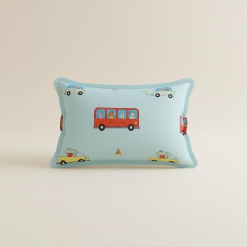 Image of Filymore Kids Double Bed Sheet Set - Cartoon Bus Theme, 240 TC Soft Microfiber, Includes 2 Pillow Cover, Double Bed Bedspread (90x90 in), Sky Blue and Red Colour